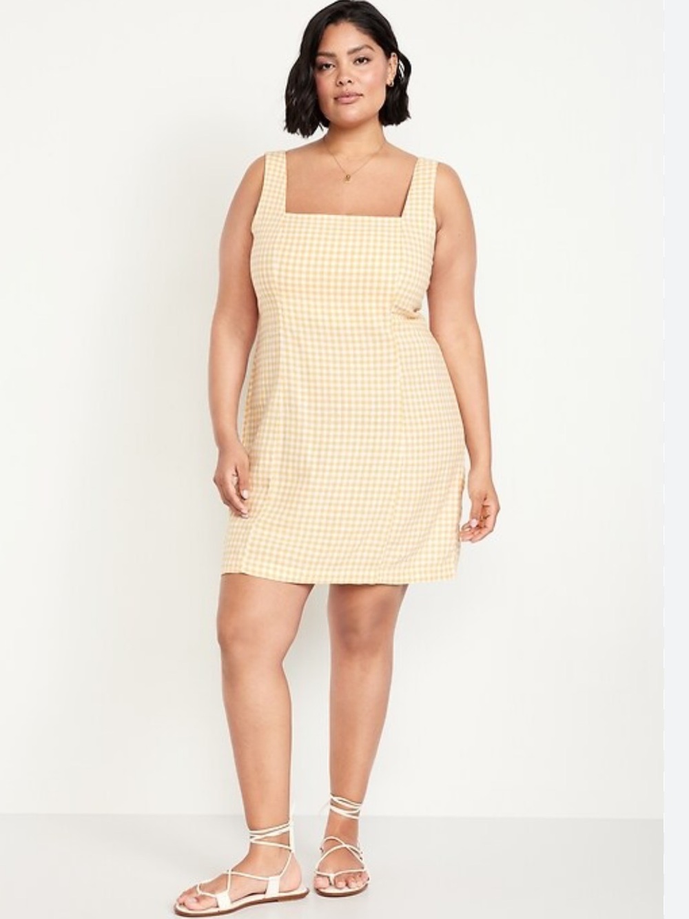 OLD NAVY Yellow Gingham Mini Dress XL Linen Blend Picnic Beach Casual Checked